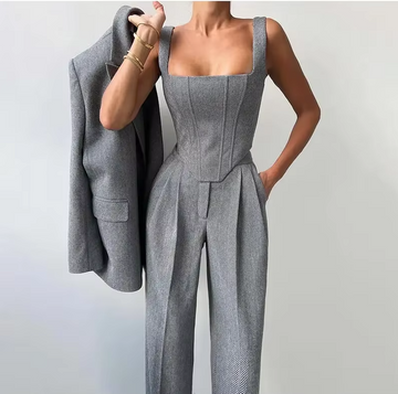 Elegante 3-Delige Dames Suitset met Blazer, Top & Wide Leg Broek