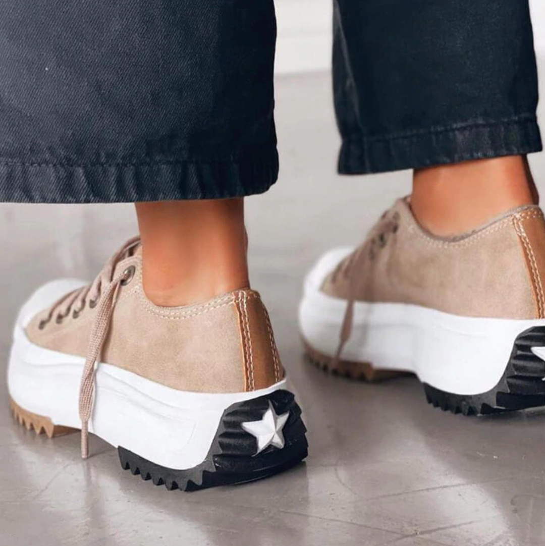 comfortabele schoenen met dikke zool veters witte zool duurzaam canvas met leren tong lift schoenen bruin ster