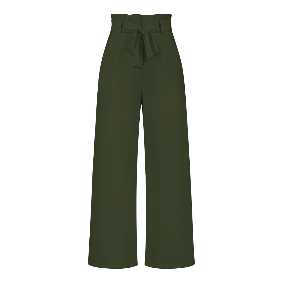 Model draagt soeple en lichte linnen broekpak wijde broekdames broek zomerse broek luchtig met elegante strik detail en hoge taille licht groen