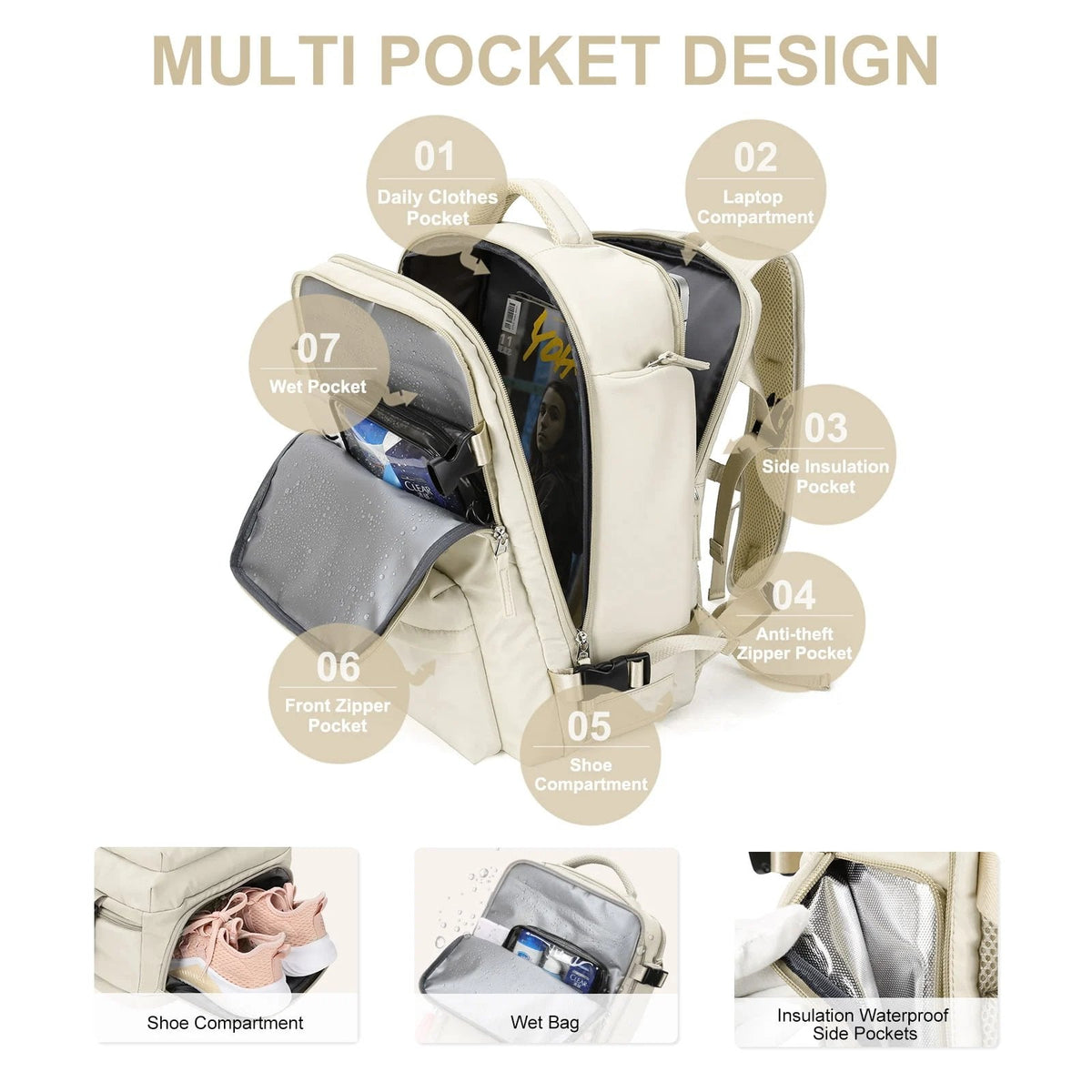 Multifunctionele damesrugzak 35 L met USB-aansluiting