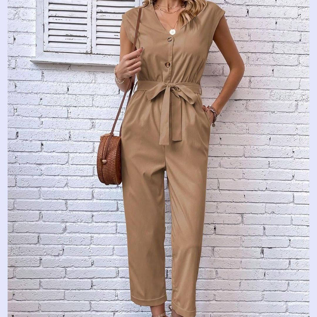 V-hals Jumpsuit met Korte Mouwen Dames