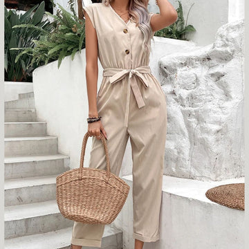 V-hals Jumpsuit met Korte Mouwen Dames