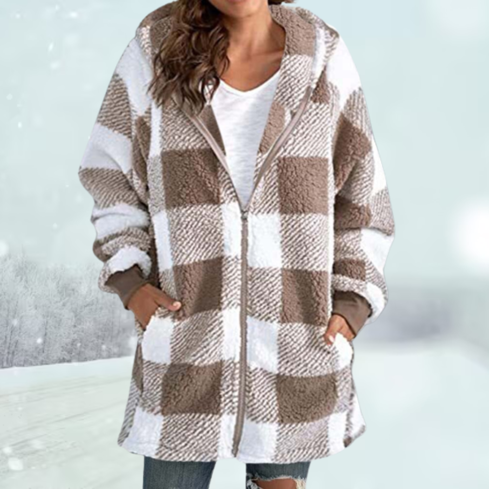 Geruite winterjas met capuchon voor dames