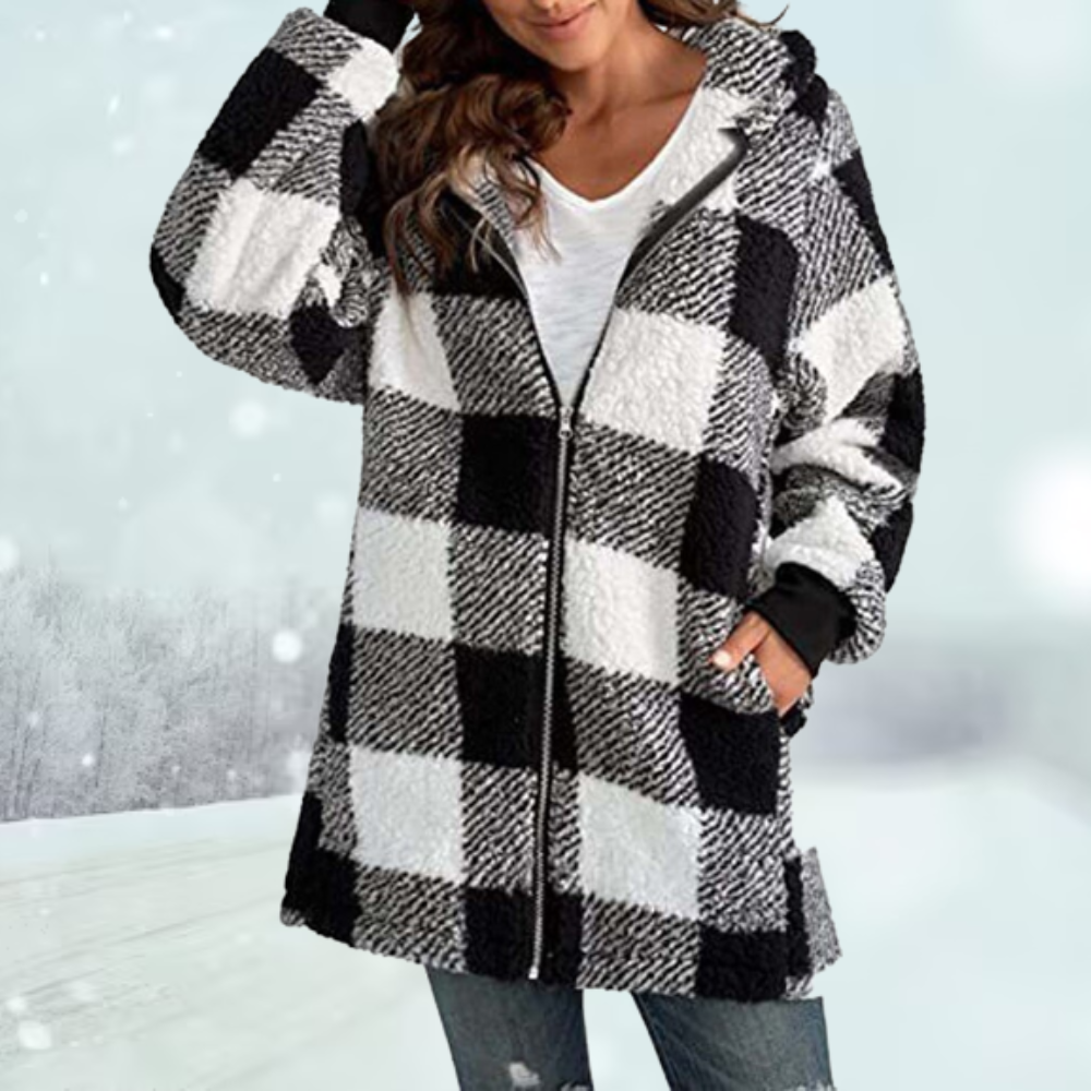 Geruite winterjas met capuchon voor dames