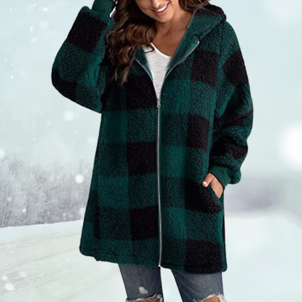 Geruite winterjas met capuchon voor dames