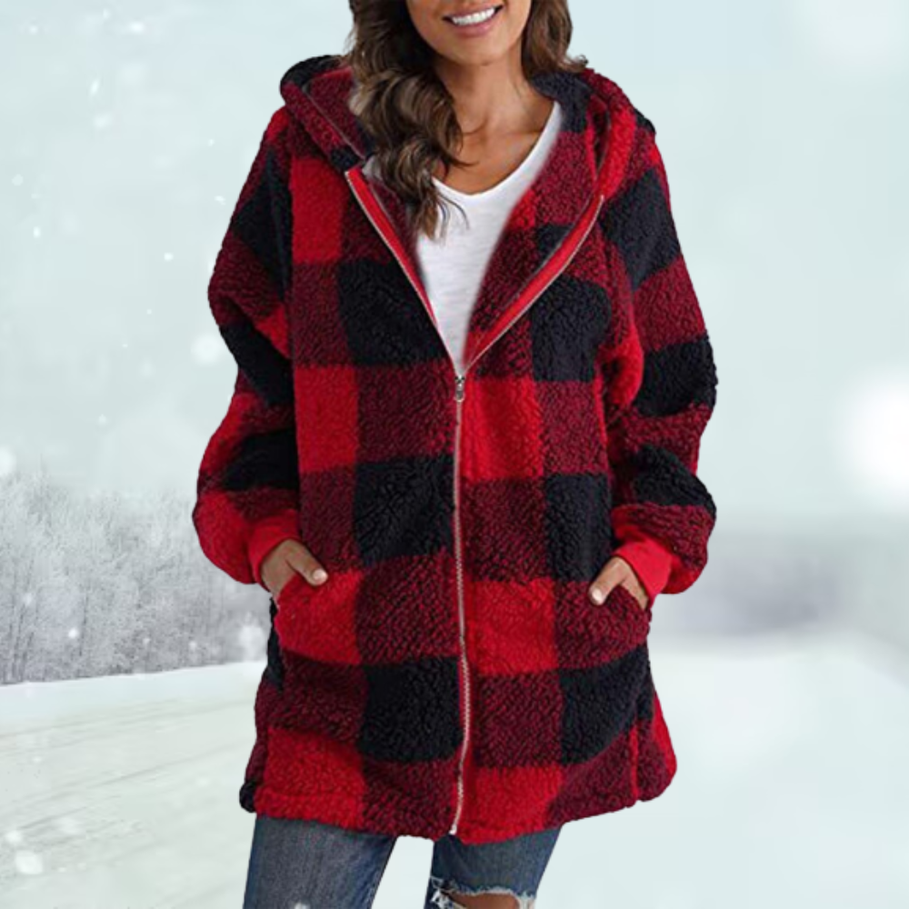Geruite winterjas met capuchon voor dames