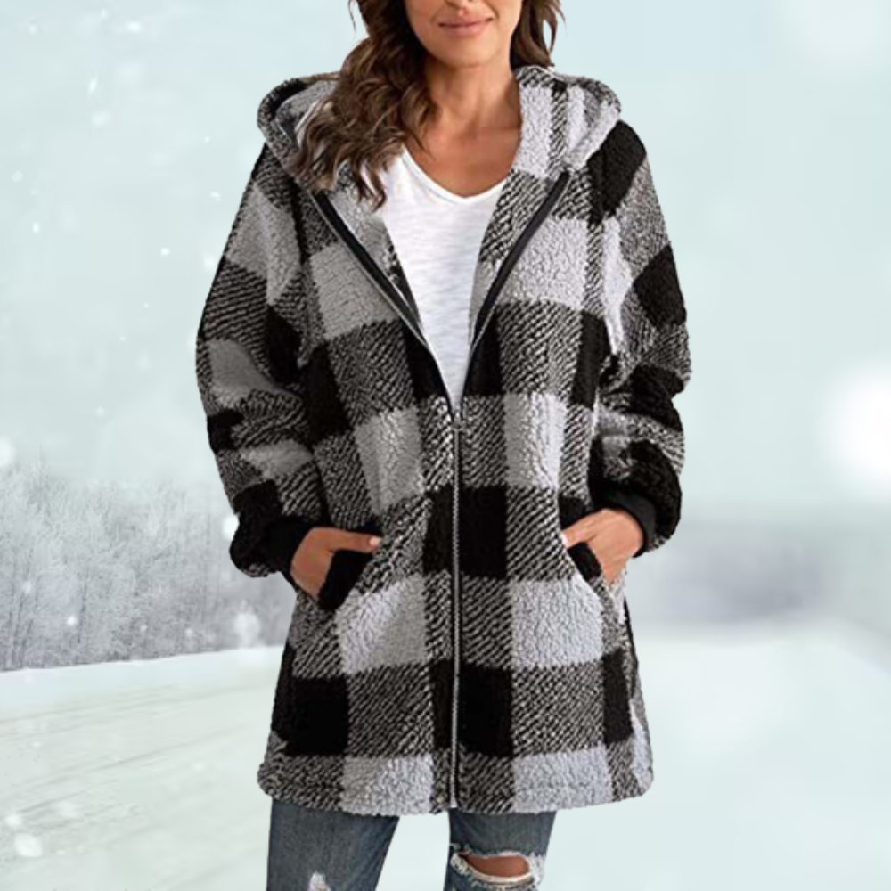 Geruite winterjas met capuchon voor dames