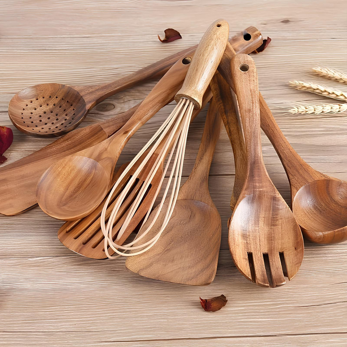 Teakhouten Keukengereedschapset 11-delig | Met Houder | Natuurlijk Hout