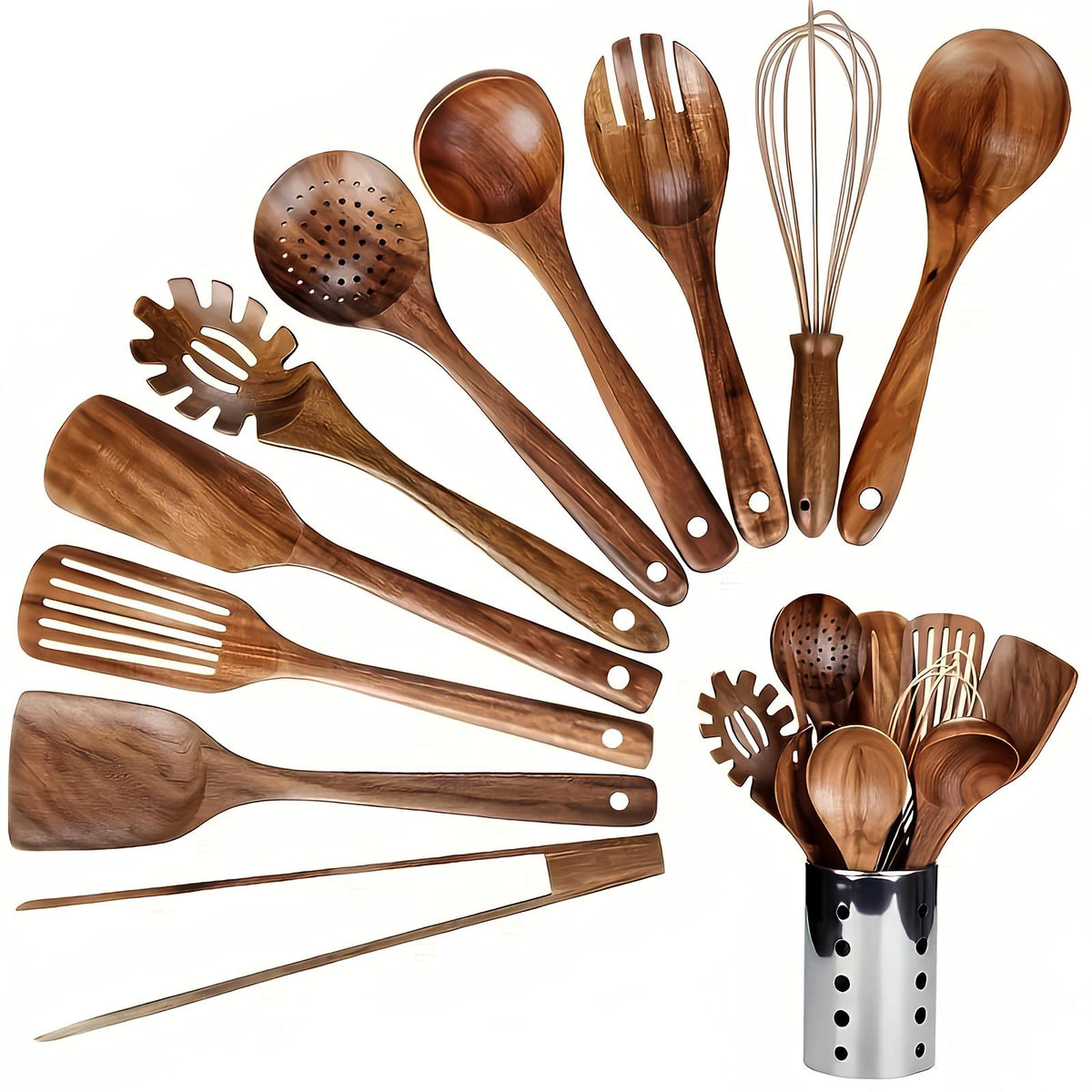 Teakhouten Keukengereedschapset 11-delig | Met Houder | Natuurlijk Hout