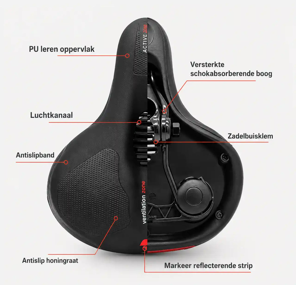 Ergonomische comfortabele fietszadel met uitsparing – met 2 inch dik schuim en waterdicht PU-leer