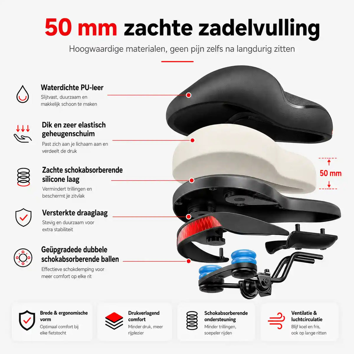 Ergonomische comfortabele fietszadel met uitsparing – met 2 inch dik schuim en waterdicht PU-leer