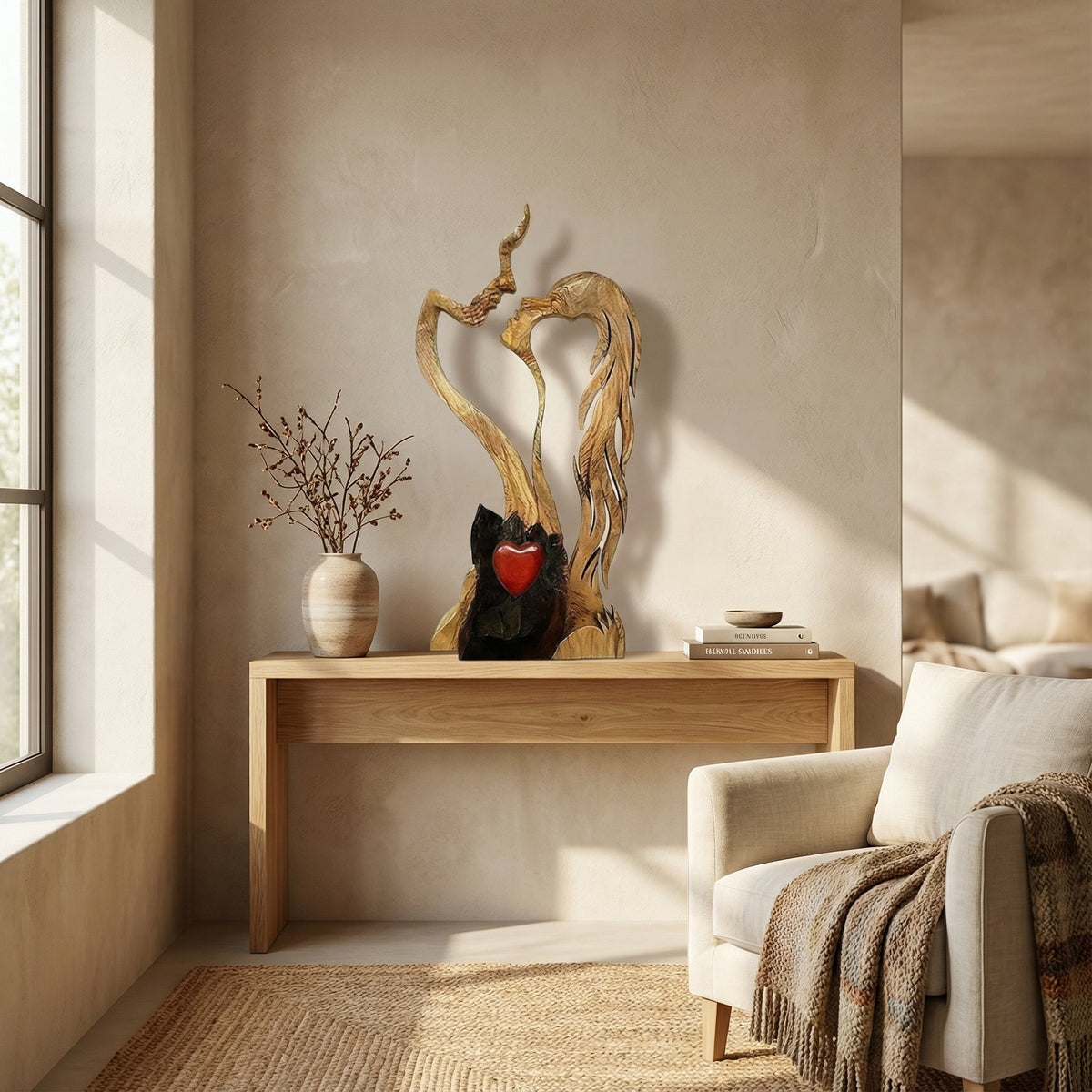 Houten Koppelbeeld – Abstract Design, Ambachtelijke Uitstraling & Woondecoratie