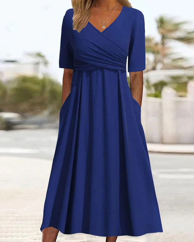 Vintage Damesjurk met V-hals en Korte Mouwen