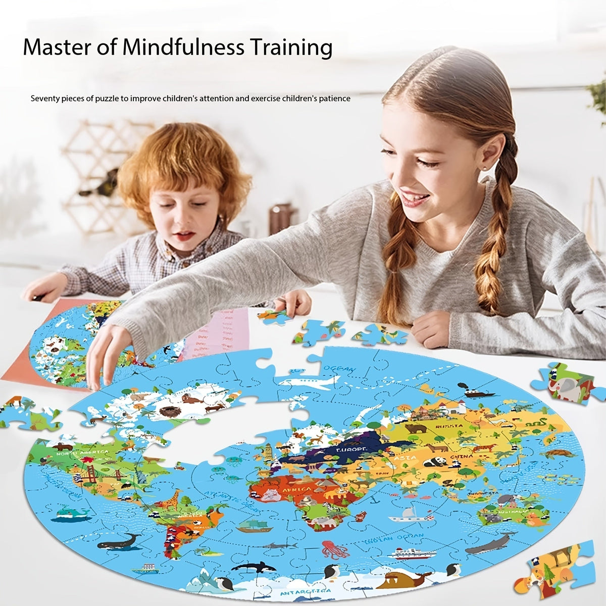 Vloerpuzzel van 70 Stukjes – Rond Wereldkaartdesign voor Kinderen