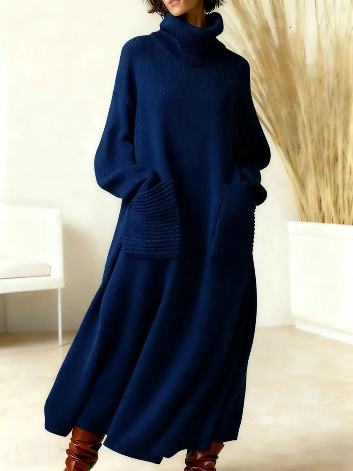 Adrianne ribgebreide damesmaxijurk met col