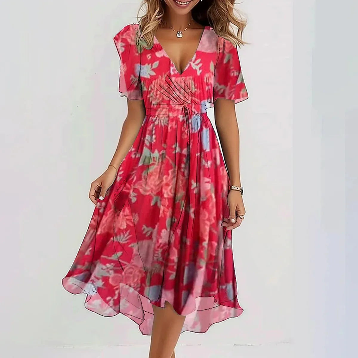 Agnes midiwikkeljurk met bloemenprint en V-hals voor dames