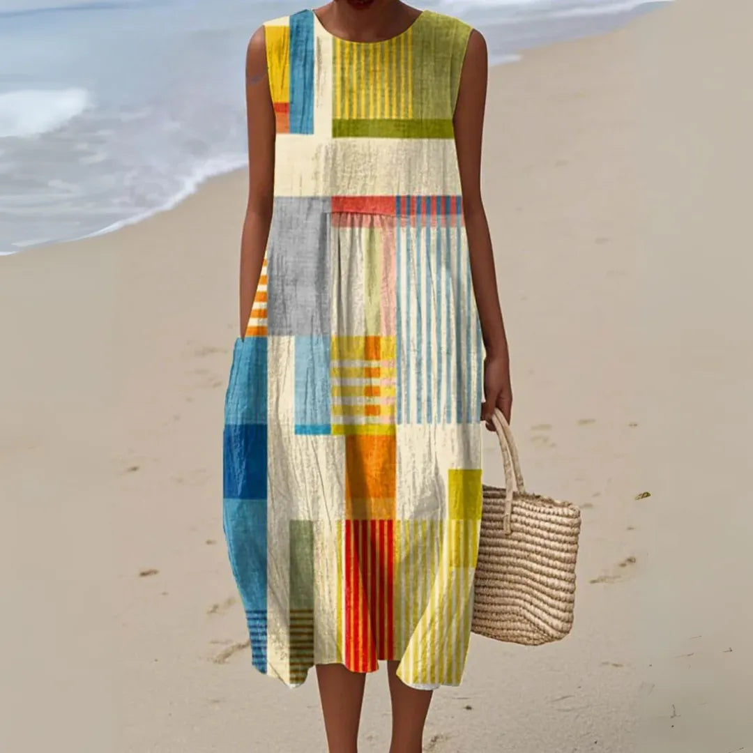 Amelia mouwloze A-lijn midijurk voor dames met geometrisch patroon