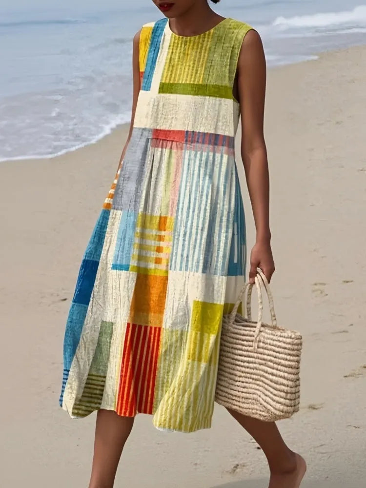 Amelia mouwloze A-lijn midijurk voor dames met geometrisch patroon