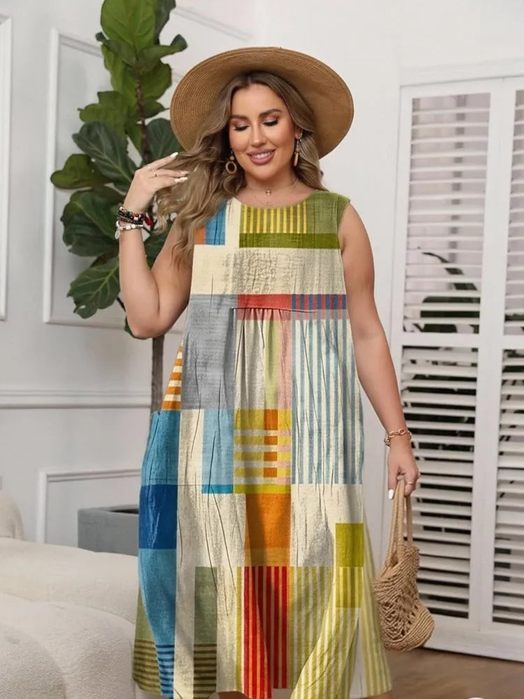 Amelia mouwloze A-lijn midijurk voor dames met geometrisch patroon