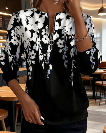 Anali damessweatshirt met bloemenprint, ronde hals en halve rits