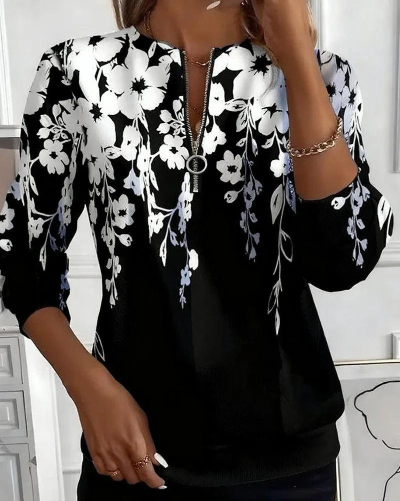 Anali damessweatshirt met bloemenprint, ronde hals en halve rits