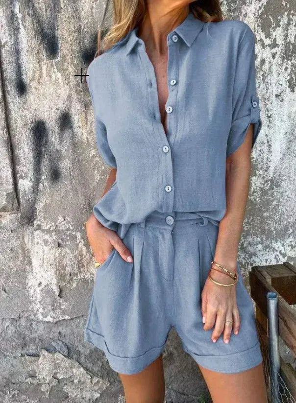 Aneta damesset met short en overhemd met knoopsluiting