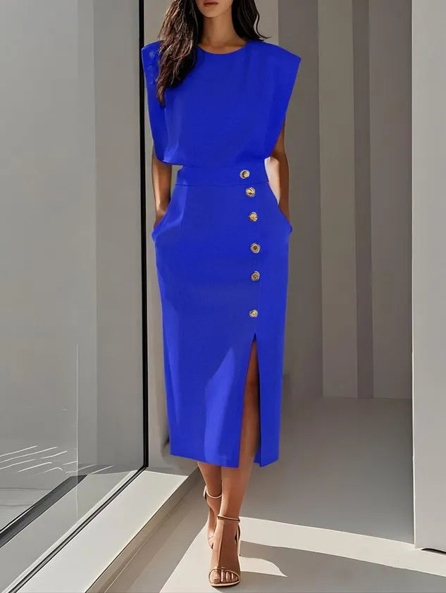 Anthea mouwloze midijurk met knoopsluiting voor dames
