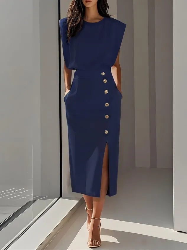Anthea mouwloze midijurk met knoopsluiting voor dames