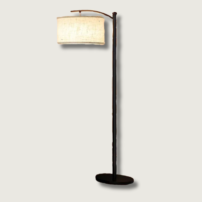Booglamp vloerlamp met gebogen messing arm en linnen trommelkap voor slaapkamer en woonkamer, uplighter