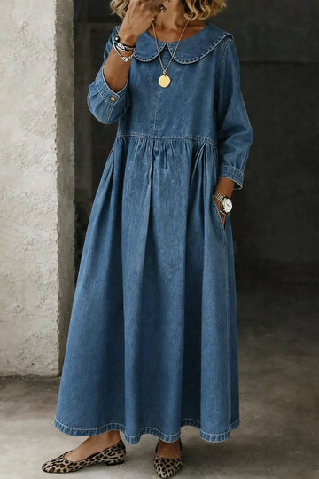 Arianne denim damesmaxijurk met Peter Pan-kraag