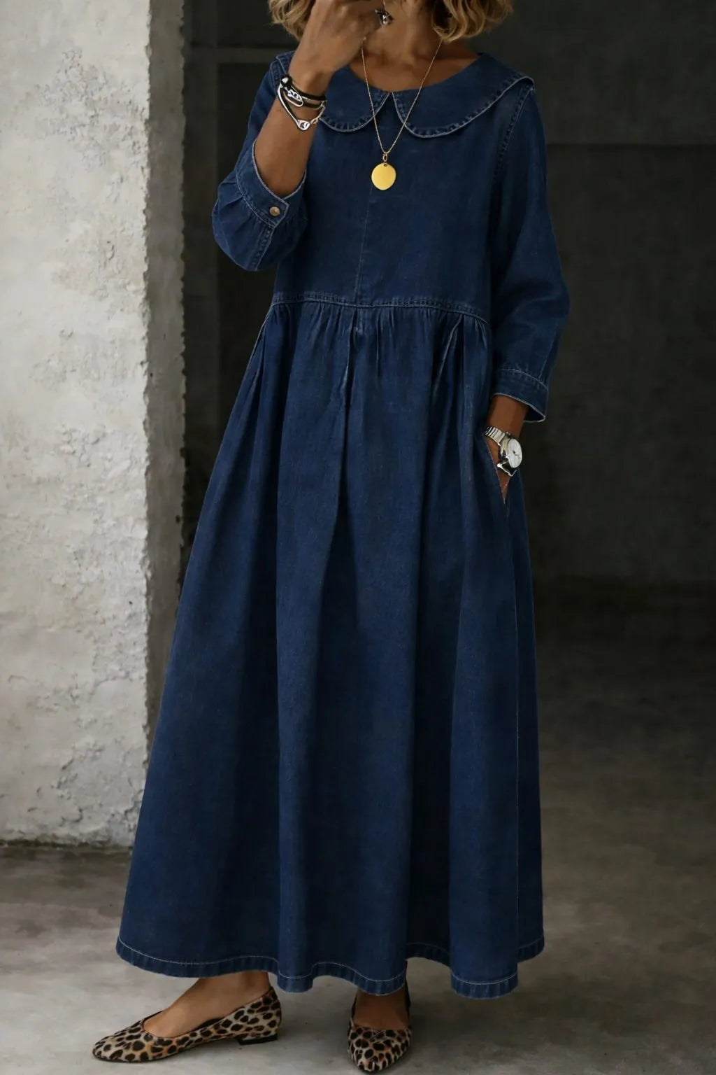 Arianne denim damesmaxijurk met Peter Pan-kraag