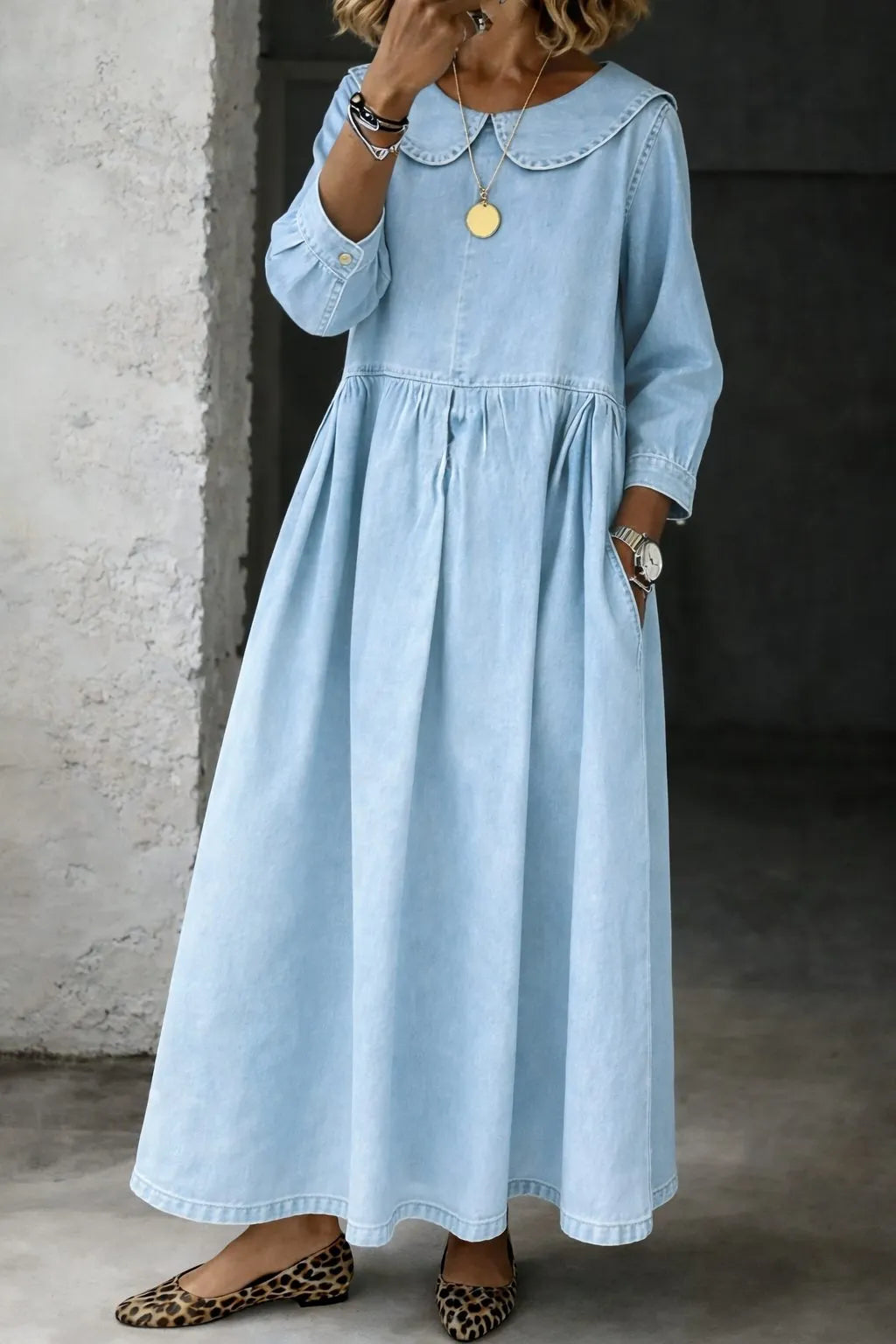 Arianne denim damesmaxijurk met Peter Pan-kraag