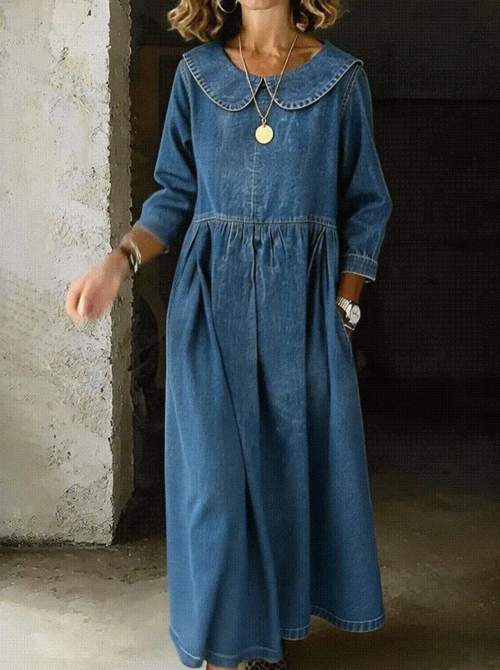 Arianne denim damesmaxijurk met Peter Pan-kraag