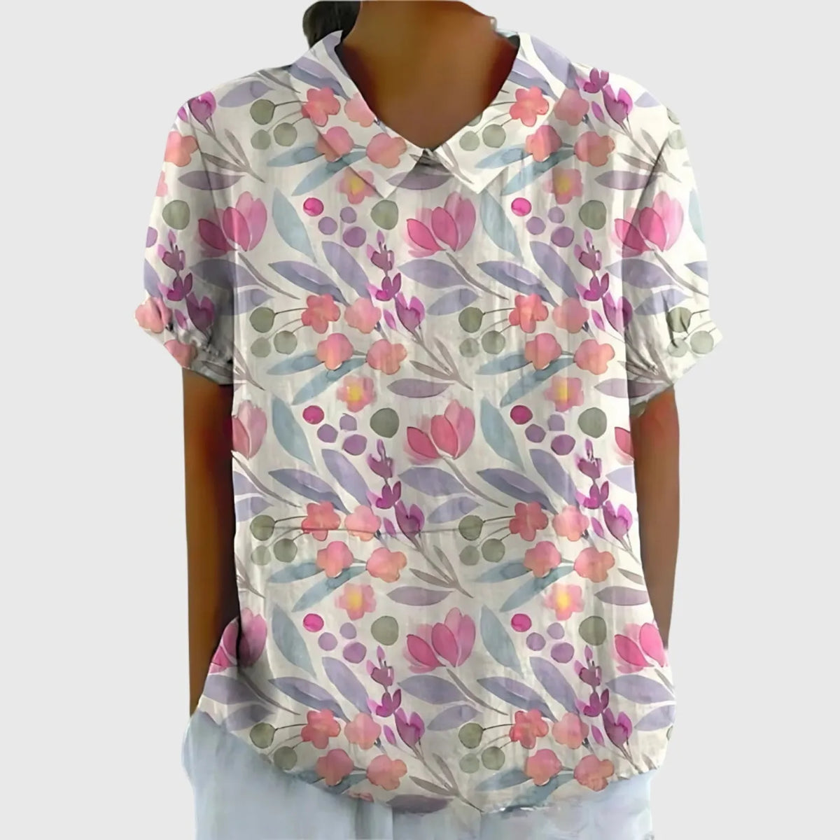 Ava damesblouse met kraag, bloemenprint en korte mouwen