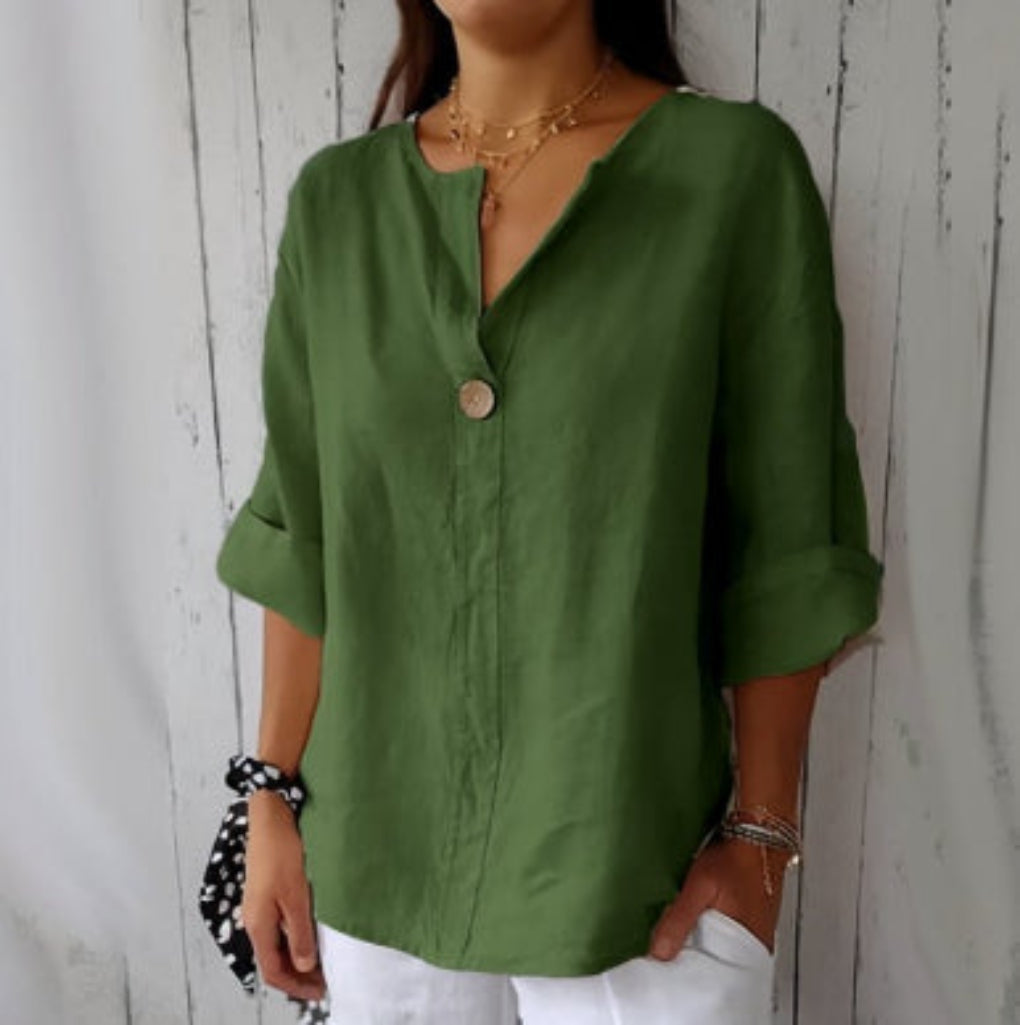 V-neck Long-sleeved T-shirt Fashion Loose Cotton And Linen Button Tops For Women