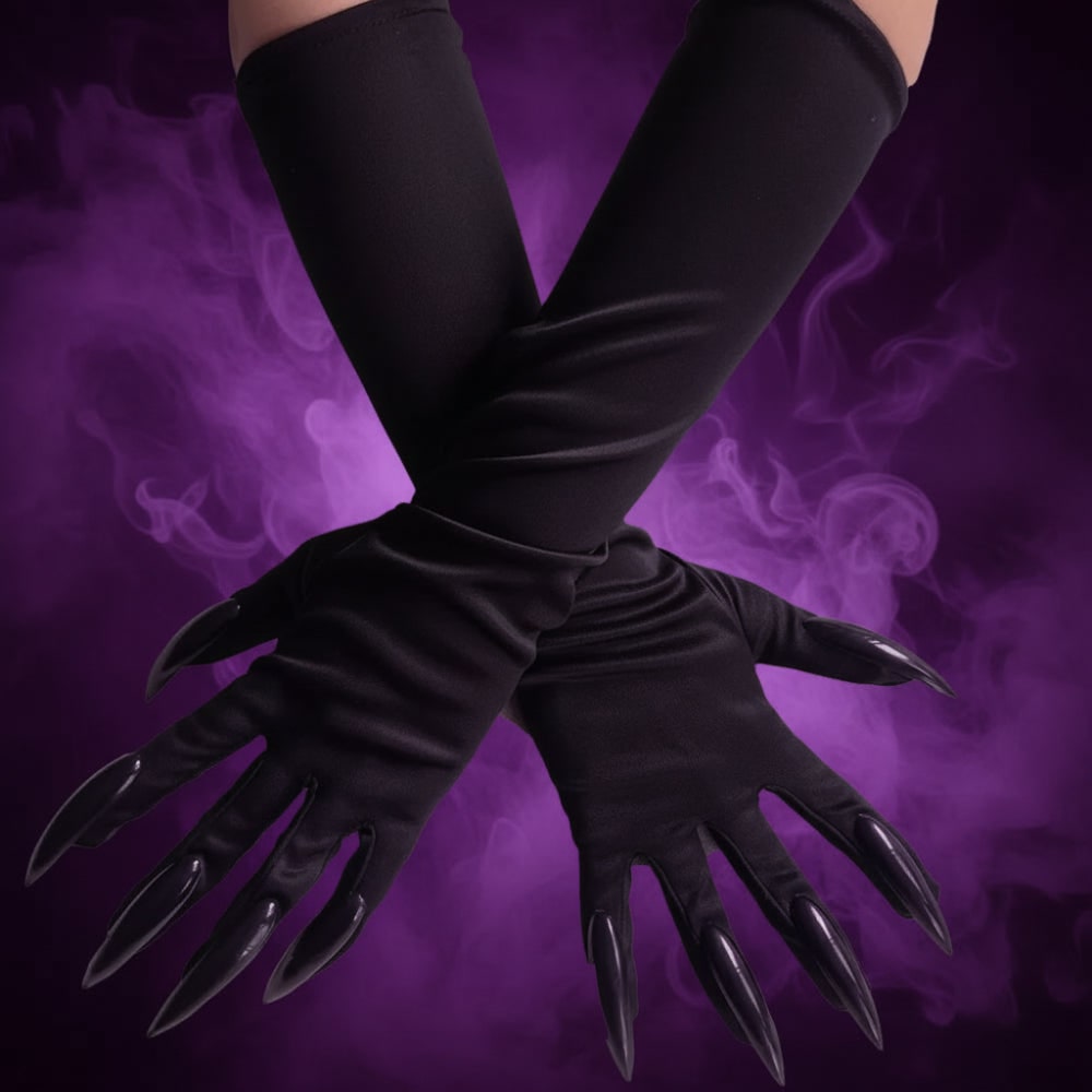 Zwarte klauwhandschoenen tot aan de elleboog voor Halloween-heksenkostuum