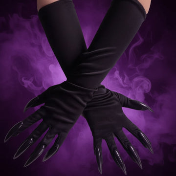 Zwarte klauwhandschoenen tot aan de elleboog voor Halloween-heksenkostuum