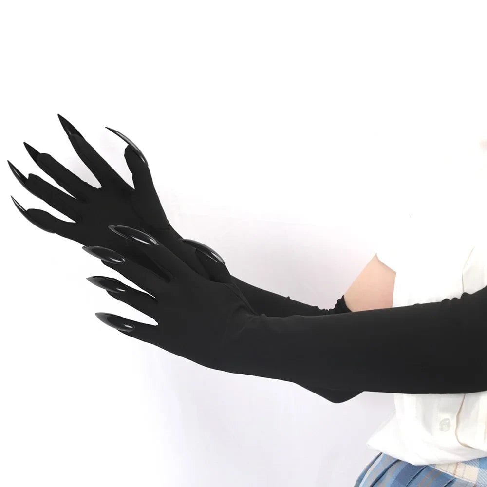 Zwarte klauwhandschoenen tot aan de elleboog voor Halloween-heksenkostuum