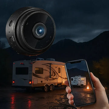 "Black HD wireless backup camera for RVs, trucks, trailers with night vision, waterproof design, perfect for safe reversing."
