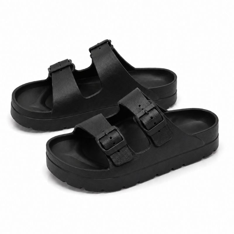 Zwarte orthopedische plateau-slippers met gevoerd EVA-schuim en verstelbare gespen