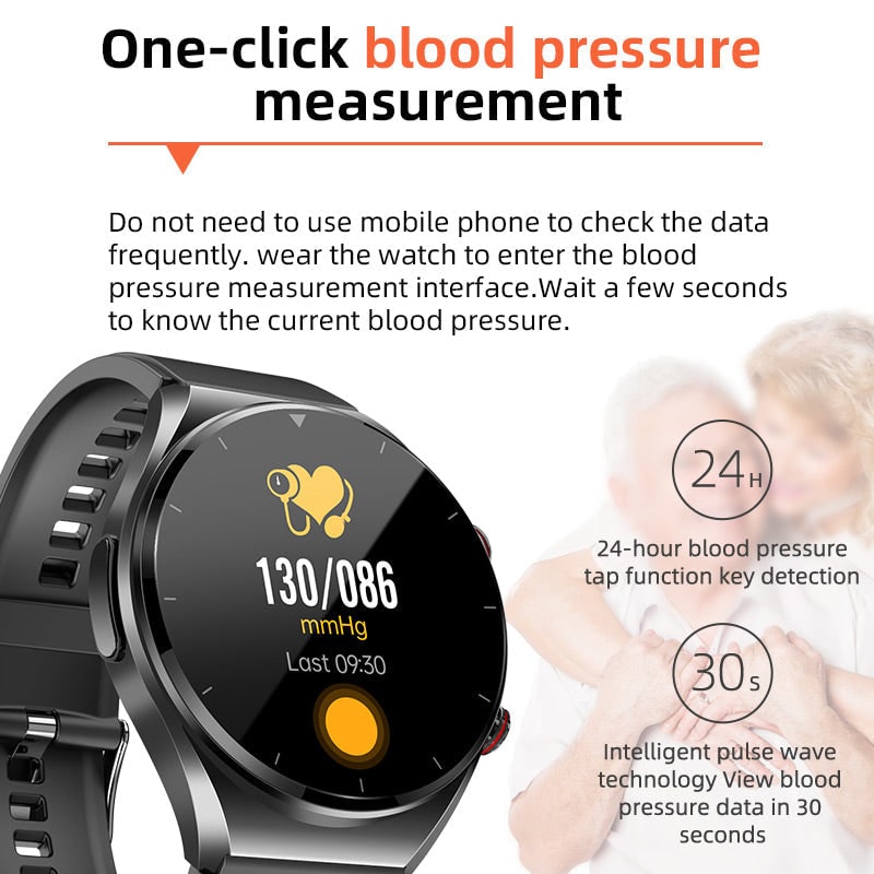 Bloeddruk-smartwatch met hartslagmeter, ronde wijzerplaat, gezondheidsregistratie, verstelbaar, ECG