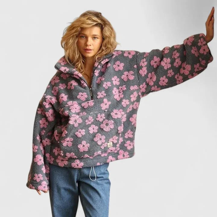Briony fleece damestrui met bloemenprint en halve rits