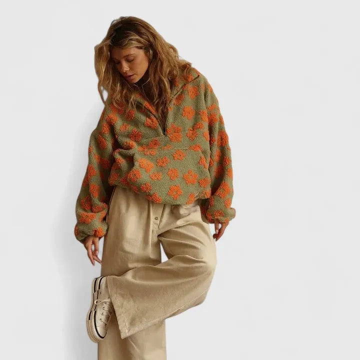 Briony fleece damestrui met bloemenprint en halve rits