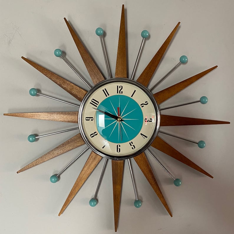 Handgemaakte wandklok in mid-century-stijl | Retro-wanddecoratie, stil & werkt op batterijen
