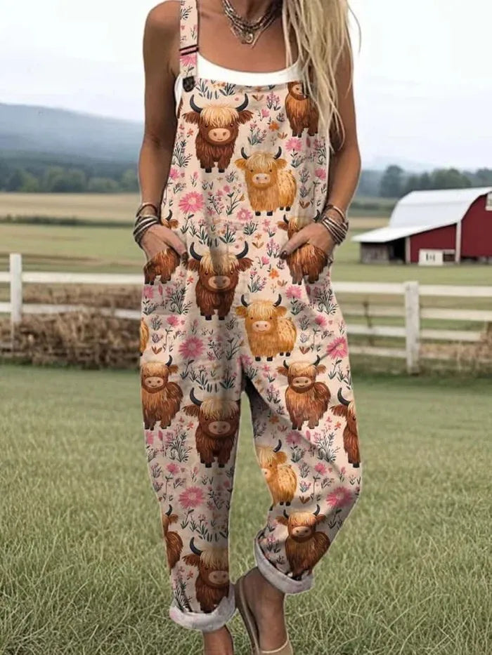 Calliope mouwloze damesjumpsuit in tuinbroekstijl met bijenprint