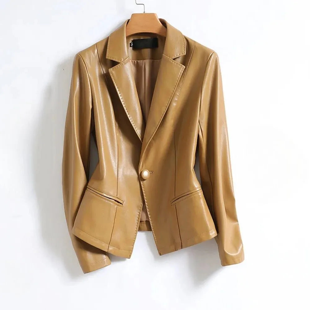 Camellia leren damesblazer met enkele knopenrij en revers