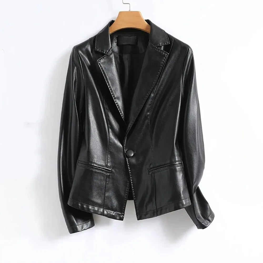 Camellia leren damesblazer met enkele knopenrij en revers