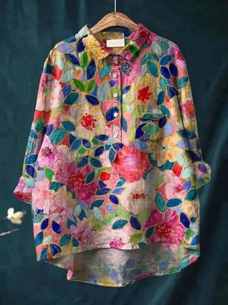 Caroline damesblouse met bloemenprint en oversized kraag