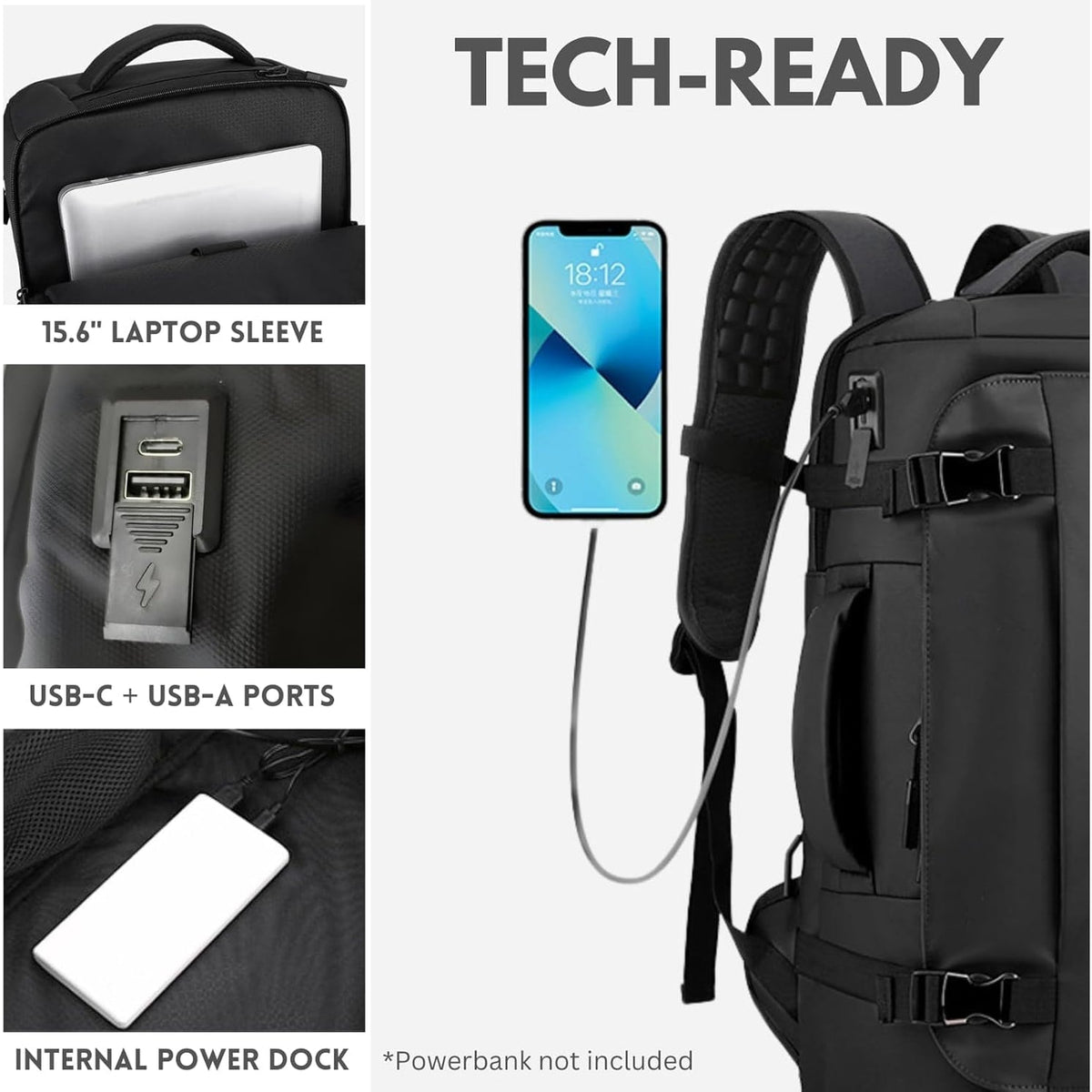 Handbagage reisrugzak met antidiefstal verborgen vak, USB-oplaadpoort en waterbestendige stof