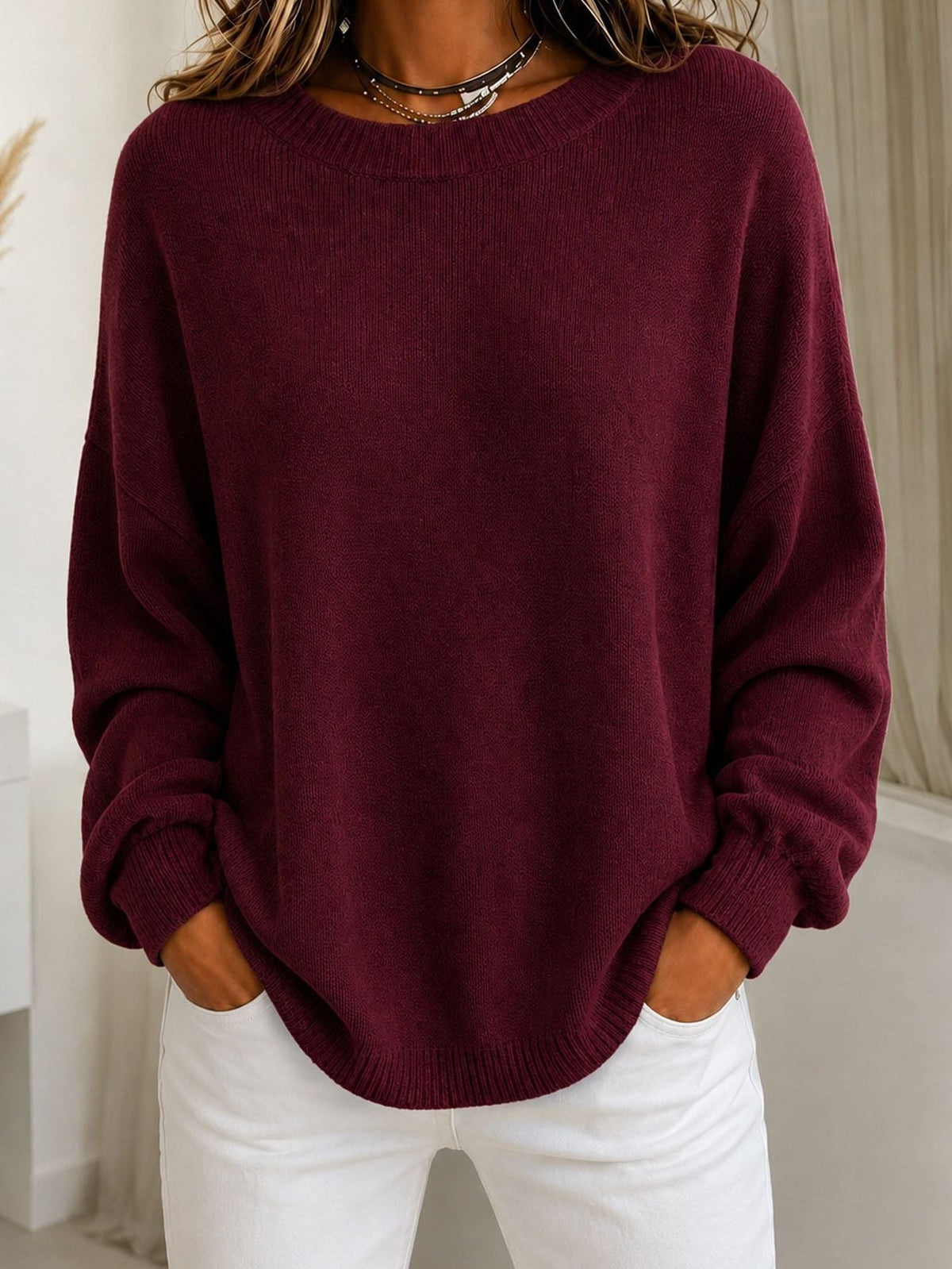 Ribgebreide trui met cashmere gevoel en afvallende schouders voor dames